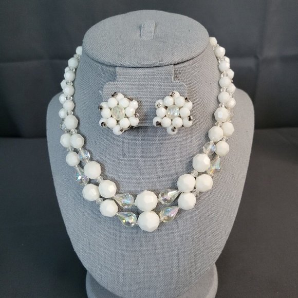 Womens White Beads AB Aurora Borealis Fashion Necklace Earrings Set Germany Made - Picture 1 of 11